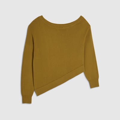 Khaki Linen Blend Knit Asymmetric Jumper