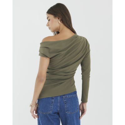 Khaki Long Sleeve Asymmetric Drape Top