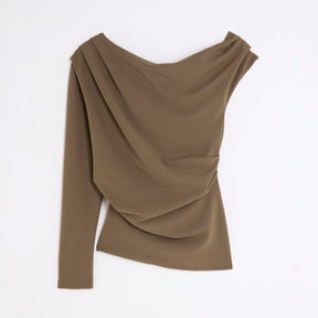 Khaki Long Sleeve Asymmetric Drape Top