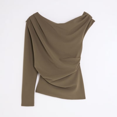 Khaki Long Sleeve Asymmetric Drape Top
