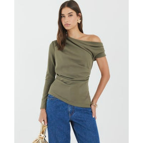 Khaki Long Sleeve Asymmetric Drape Top