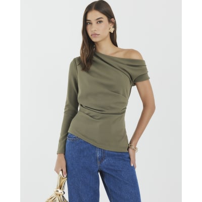 Khaki Long Sleeve Asymmetric Drape Top
