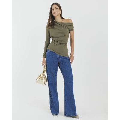 Khaki Long Sleeve Asymmetric Drape Top