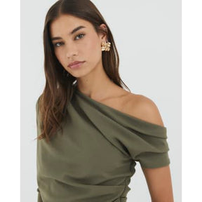 Khaki Long Sleeve Asymmetric Drape Top