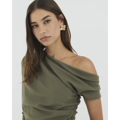 Khaki Long Sleeve Asymmetric Drape Top