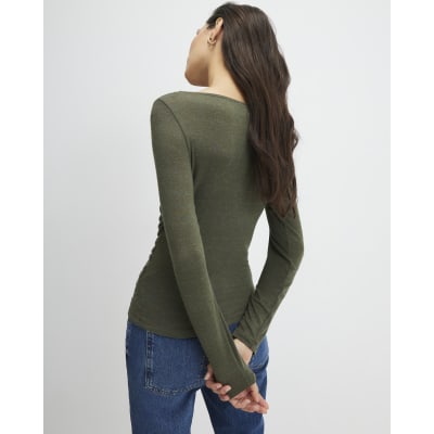 Khaki Long Sleeve Drape Layered Top
