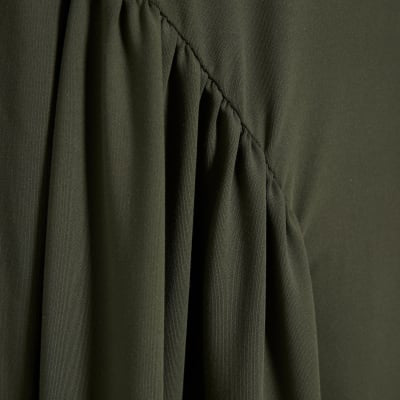 Khaki Long Sleeve Gathered Waist Maxi Dress