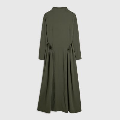 Khaki Long Sleeve Gathered Waist Maxi Dress