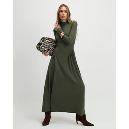 Khaki Long Sleeve Gathered Waist Maxi Dress
