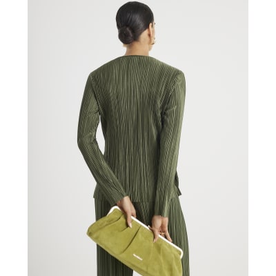 Khaki Long Sleeve Plisse Wrap Top