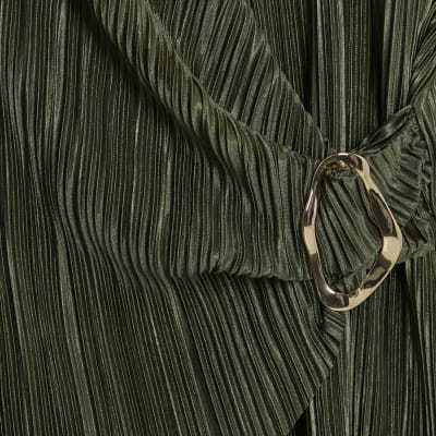 Khaki Long Sleeve Plisse Wrap Top