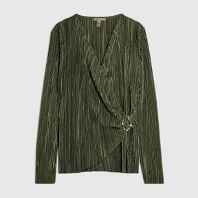 Khaki Long Sleeve Plisse Wrap Top