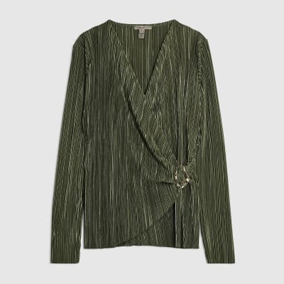 Khaki Long Sleeve Plisse Wrap Top