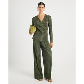 Khaki Long Sleeve Plisse Wrap Top