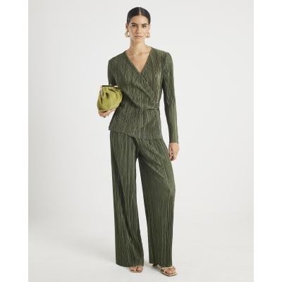 Khaki Long Sleeve Plisse Wrap Top