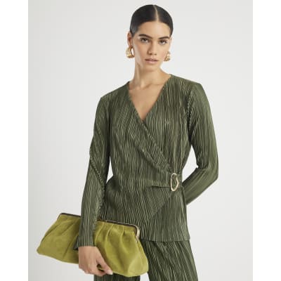 Khaki Long Sleeve Plisse Wrap Top