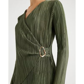 Khaki Long Sleeve Plisse Wrap Top