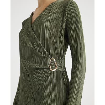 Khaki Long Sleeve Plisse Wrap Top