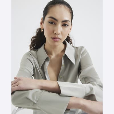 Khaki Long Sleeve Satin Slimline Shirt
