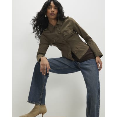 Khaki Long Sleeve Stretch Fitted Jacket