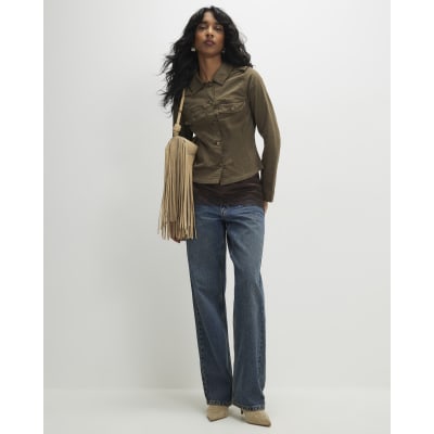 Khaki Long Sleeve Stretch Fitted Jacket