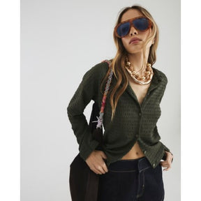 Khaki Long Sleeve Textured Cardigan