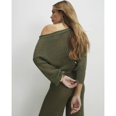 Khaki Open Stitch Knit Off The Shoulder Top