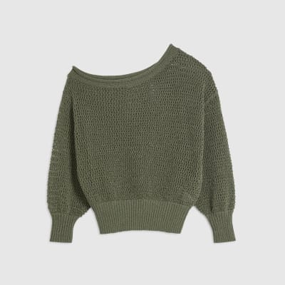 Khaki Open Stitch Knit Off The Shoulder Top