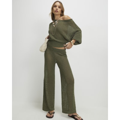 Khaki Open Stitch Knit Off The Shoulder Top