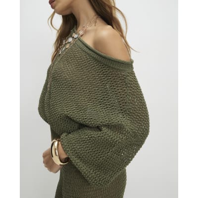 Khaki Open Stitch Knit Off The Shoulder Top