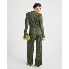 Khaki Plisse Wide Leg Trousers