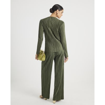 Khaki Plisse Wide Leg Trousers