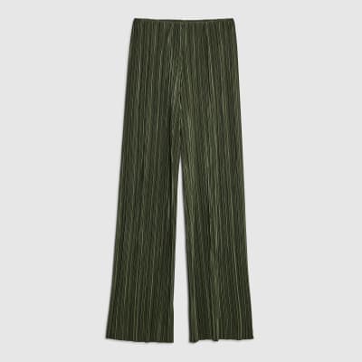 Khaki Plisse Wide Leg Trousers