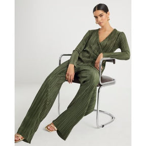 Khaki Plisse Wide Leg Trousers
