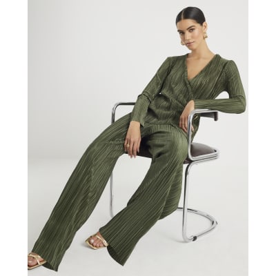 Khaki Plisse Wide Leg Trousers