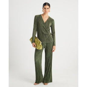 Khaki Plisse Wide Leg Trousers