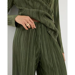 Khaki Plisse Wide Leg Trousers