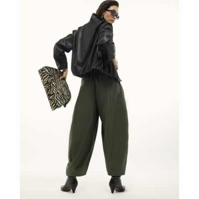 Khaki Poplin Barrel Leg Trousers