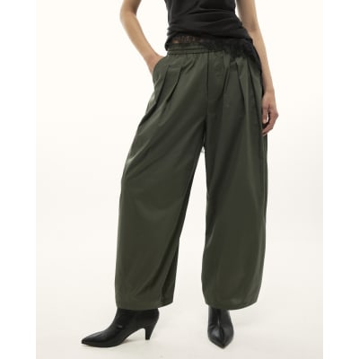Khaki Poplin Barrel Leg Trousers