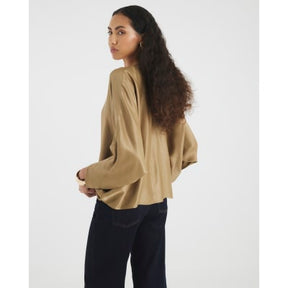Khaki Satin Long Batwing Sleeve Top