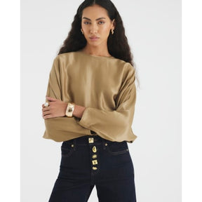 Khaki Satin Long Batwing Sleeve Top