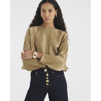 Khaki Satin Long Batwing Sleeve Top