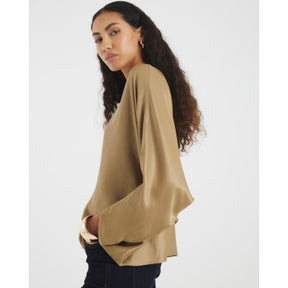 Khaki Satin Long Batwing Sleeve Top