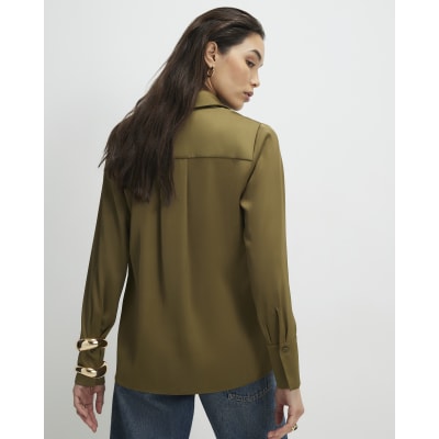 Khaki Satin Long Sleeve Slim Fit Shirt