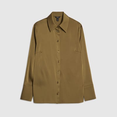 Khaki Satin Long Sleeve Slim Fit Shirt