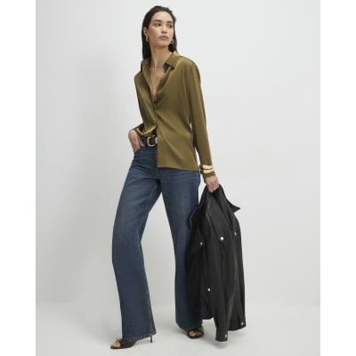 Khaki Satin Long Sleeve Slim Fit Shirt