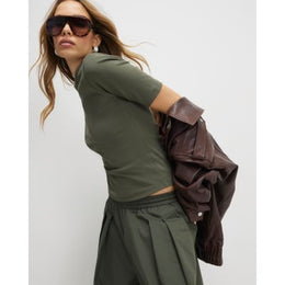 Khaki Short Sleeve Cotton Fitted Top
