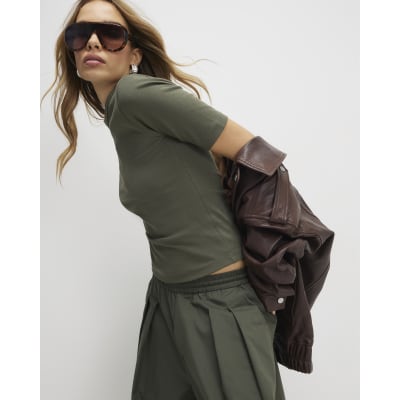 Khaki Short Sleeve Cotton Fitted Top