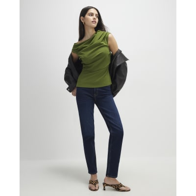 Khaki Short Sleeve Drape Off Shoulder Top