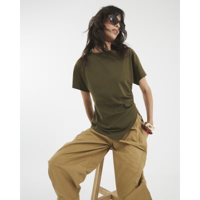 Khaki Short Sleeve Drape Side T-shirt